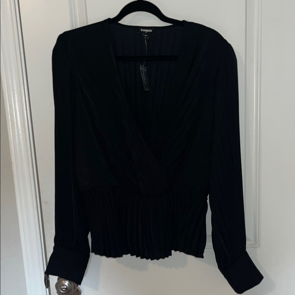 Express Black Pleated Wrap-Front Blouse